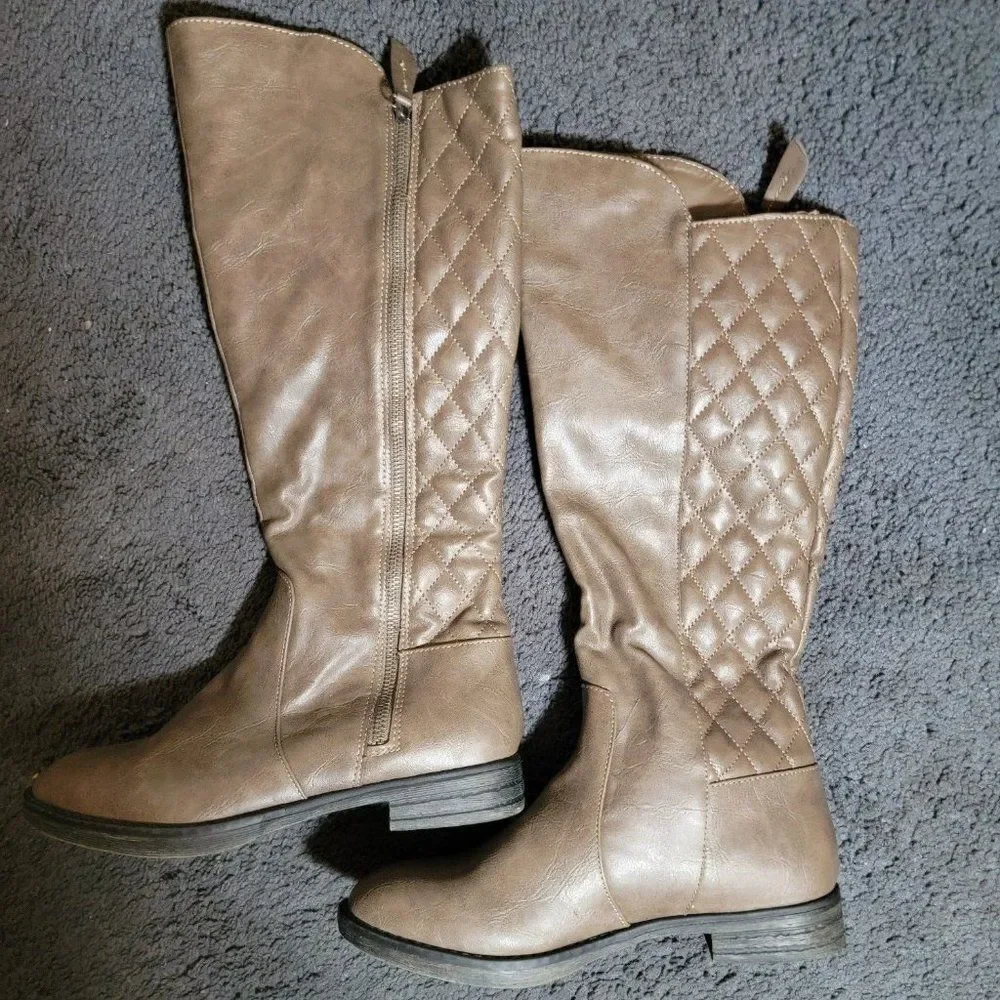 Bongo Womens Bailey Brown Checkered Faux Leather Thigh High Riding Boots Size 8M